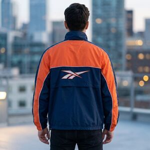 Vintage Reebok Windbreaker Jacket Mens Size XL Blue Orange Full Zip Vented 90s